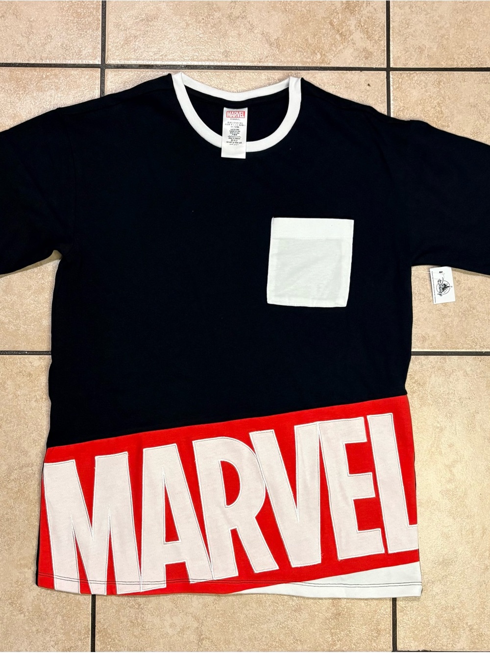Marvel Black Tee with White Pocket and Red Logo Band